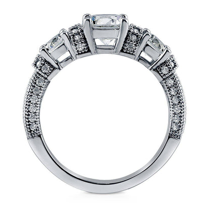 3-Stone Art Deco Milgrain 0.8ct CZ Ring in Sterling Silver