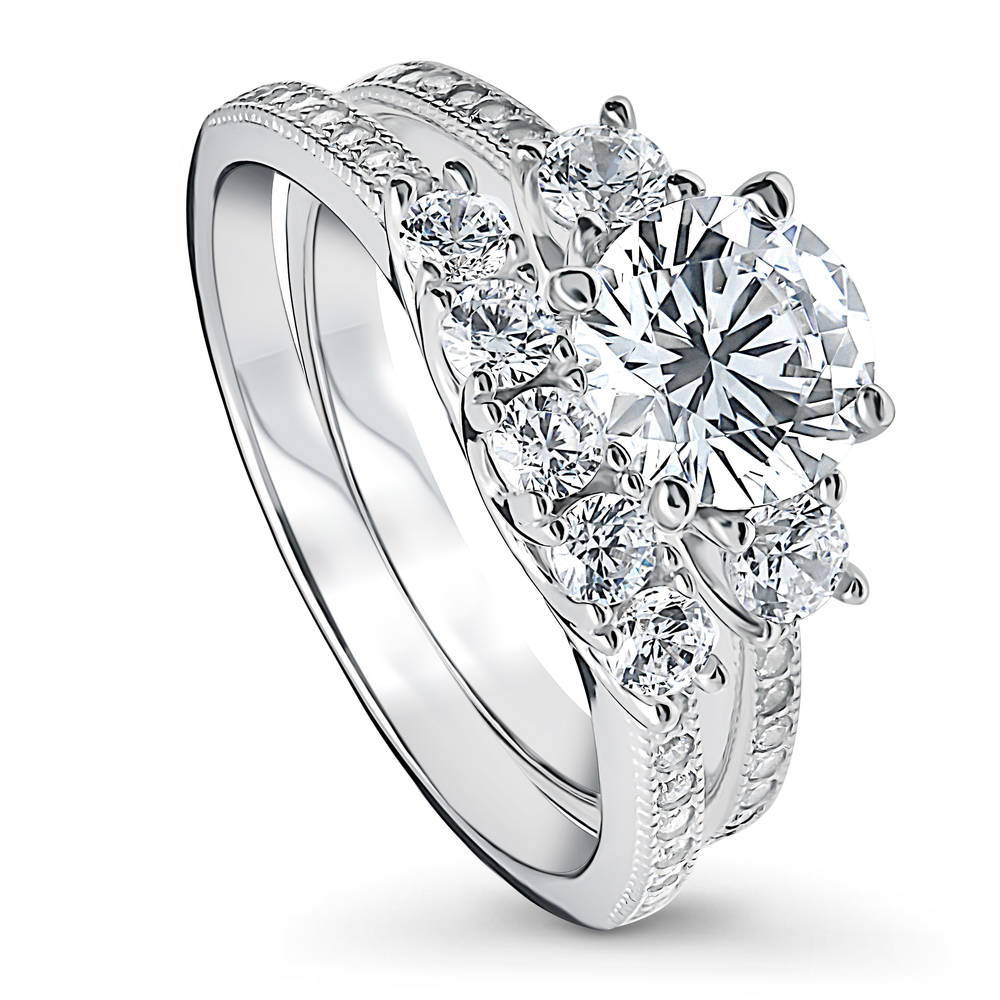 Front view of 3-Stone Round CZ Ring Set in Sterling Silver, 3 of 18