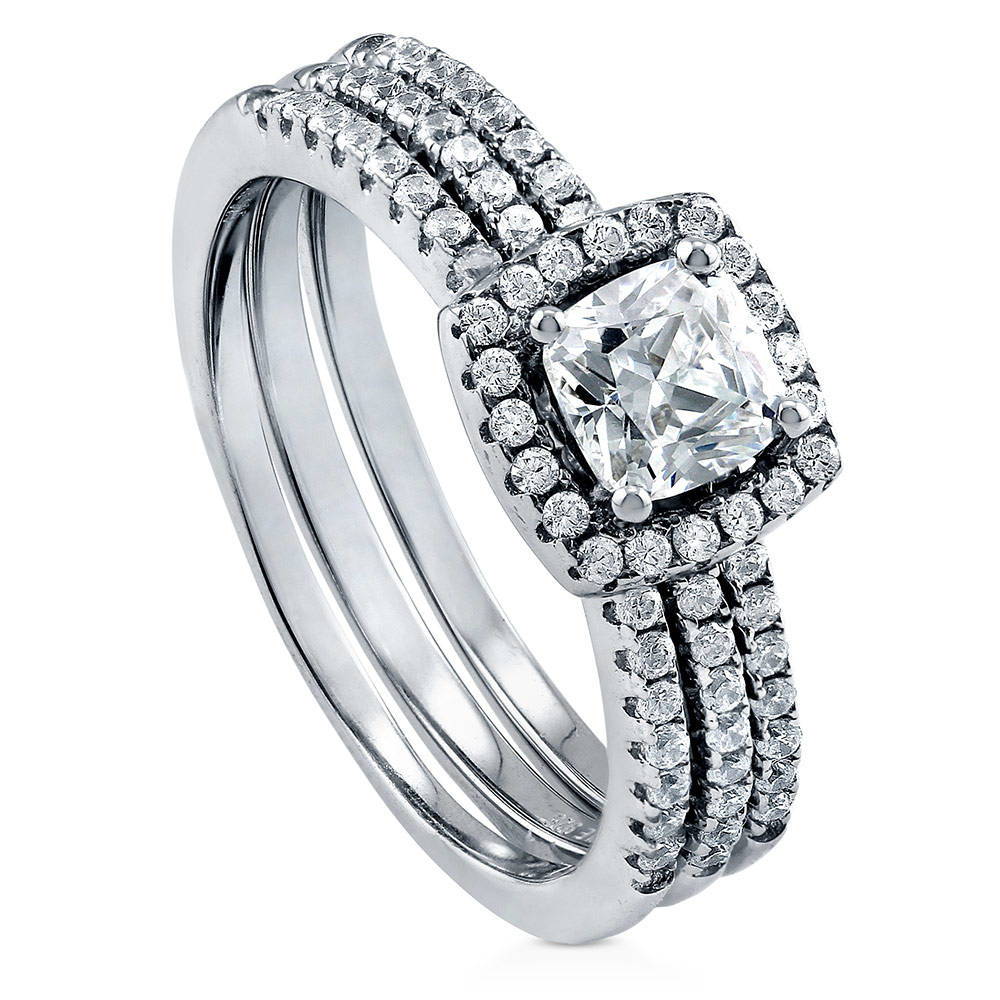Front view of Halo Cushion CZ Ring Set in Sterling Silver, 4 of 11