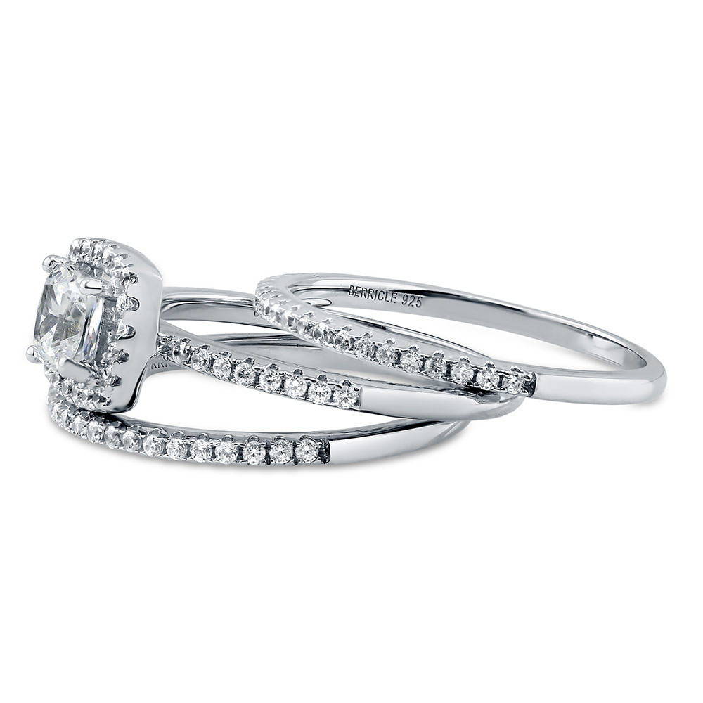 Angle view of Halo Cushion CZ Ring Set in Sterling Silver, 4 of 9