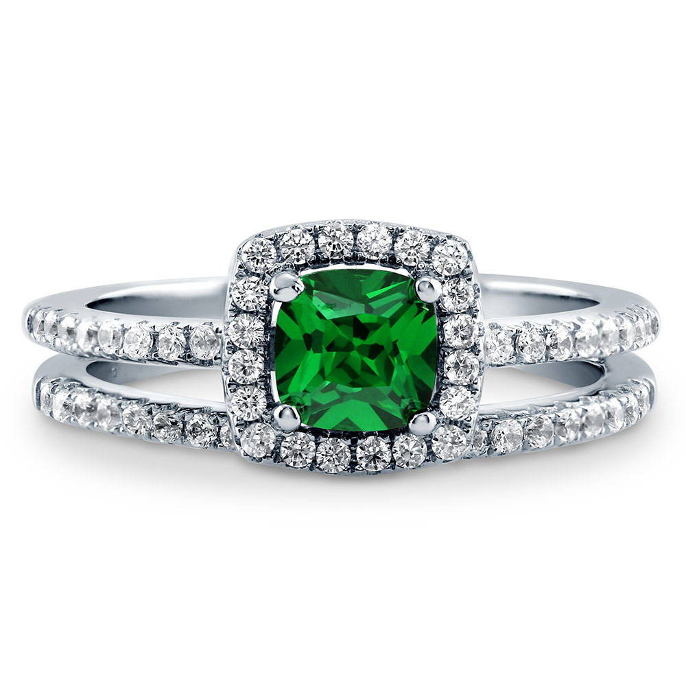 Halo Simulated Emerald Cushion CZ Ring Set in Sterling Silver, 1 of 10