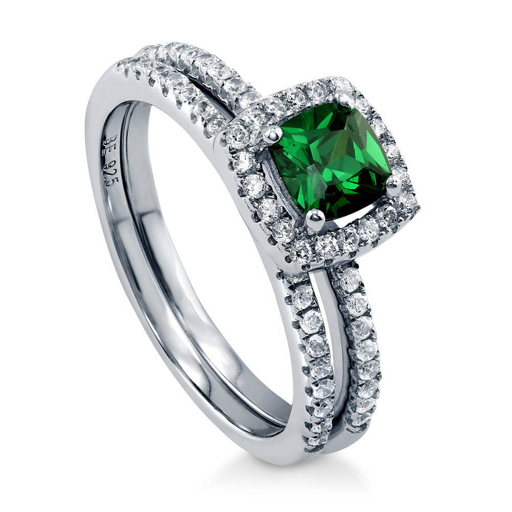 Front view of Halo Simulated Emerald Cushion CZ Ring Set in Sterling Silver, 3 of 8