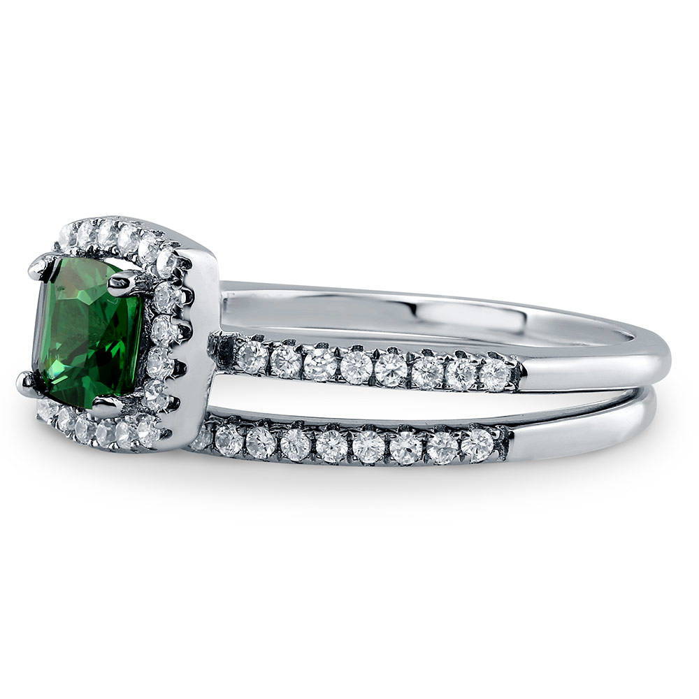 Angle view of Halo Simulated Emerald Cushion CZ Ring Set in Sterling Silver, 5 of 10