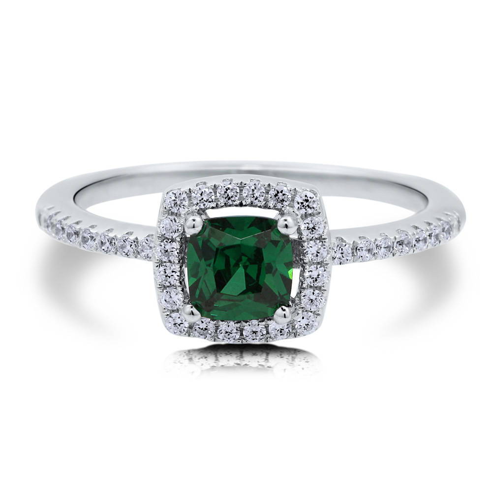 Halo Simulated Emerald Cushion CZ Ring in Sterling Silver, 1 of 7