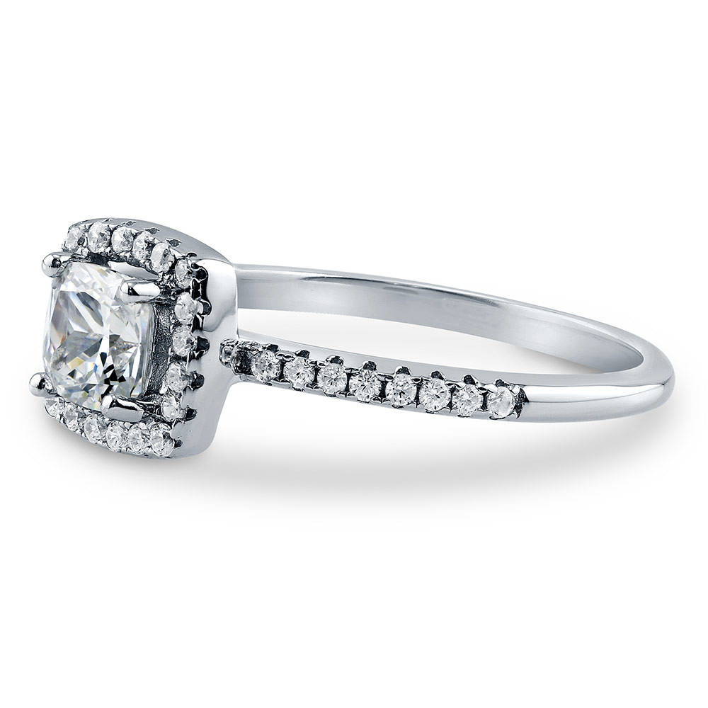 Angle view of Halo Cushion CZ Ring in Sterling Silver, 4 of 7