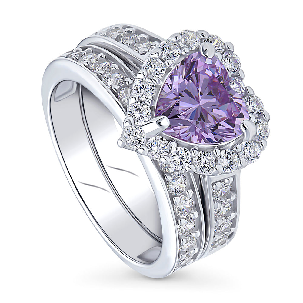 Front view of Halo Heart Purple Heart CZ Ring Set in Sterling Silver, 4 of 19