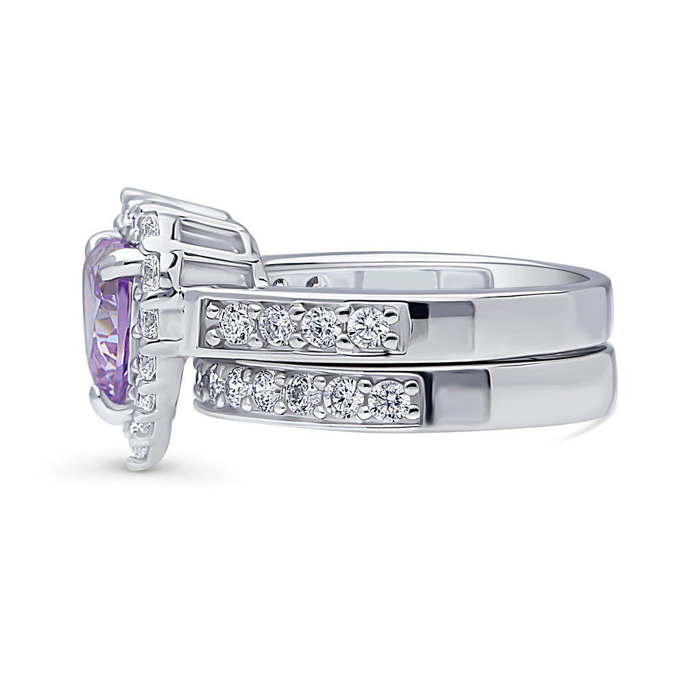 Angle view of Halo Heart Purple Heart CZ Ring Set in Sterling Silver, 5 of 19