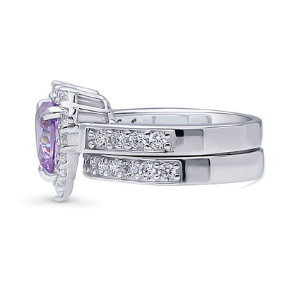 Halo Heart Purple Heart CZ Ring Set in Sterling Silver