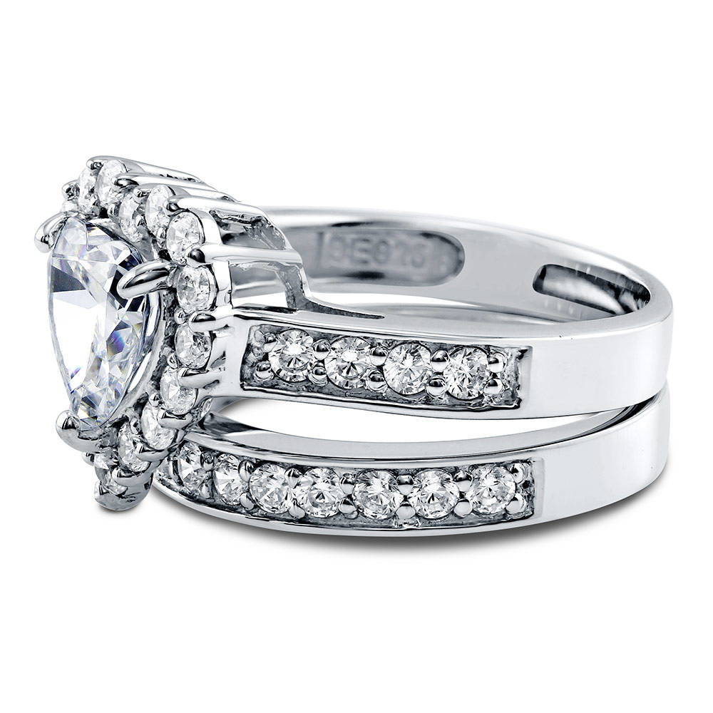 Angle view of Halo Heart Heart CZ Ring Set in Sterling Silver, 5 of 10