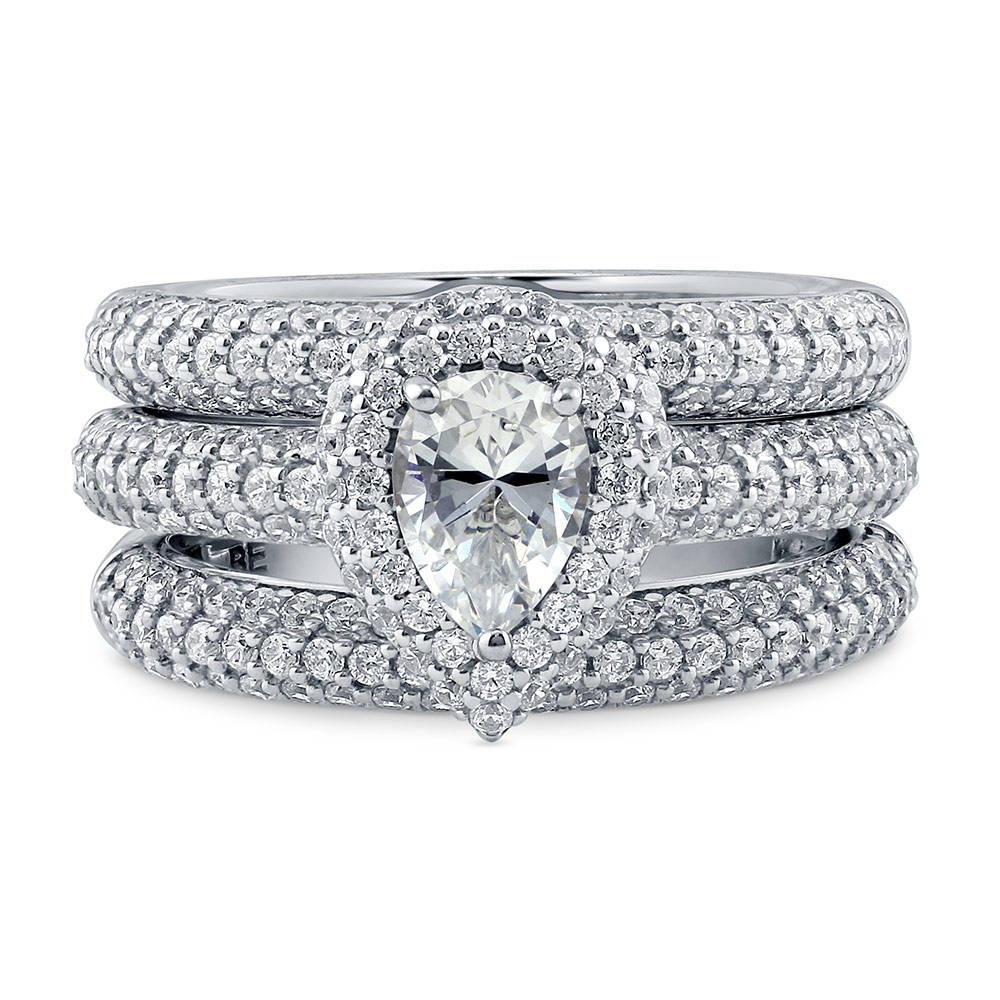 Halo Pear CZ Ring Set in Sterling Silver