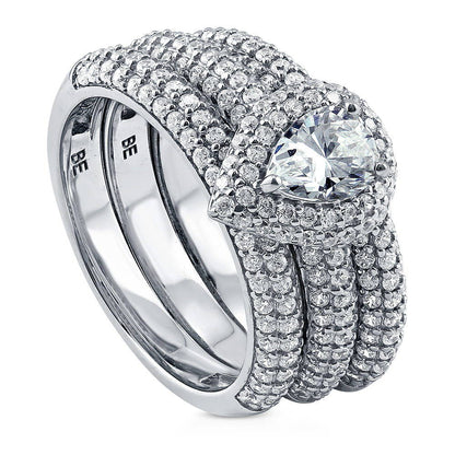 Halo Pear CZ Ring Set in Sterling Silver