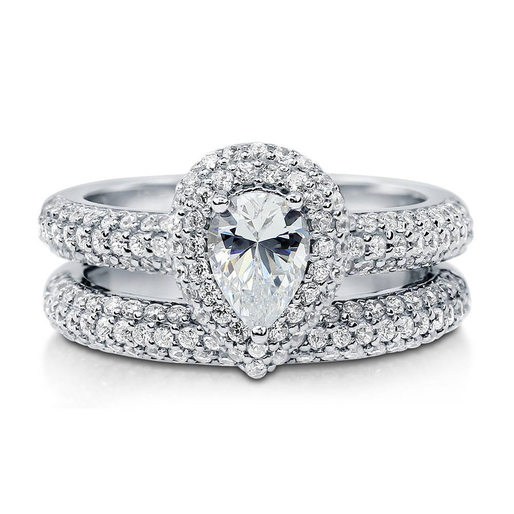 Halo Pear CZ Ring Set in Sterling Silver, 1 of 9