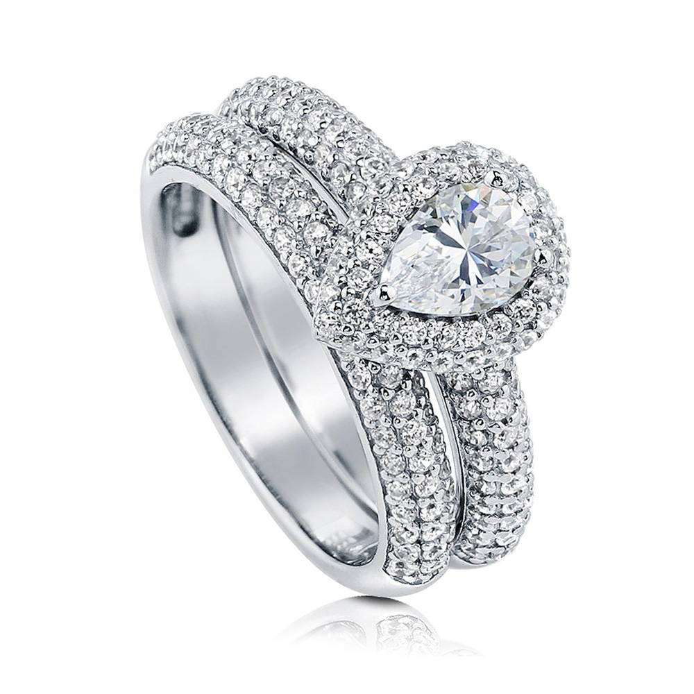Front view of Halo Pear CZ Ring Set in Sterling Silver, 4 of 9
