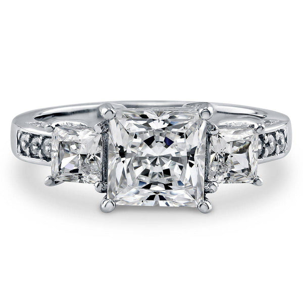 Sterling Silver 3-Stone Princess CZ Wedding Engagement Ring