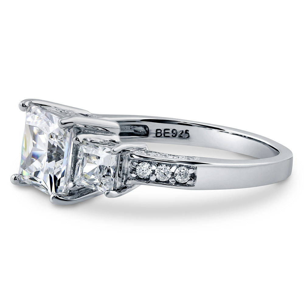 Angle view of 3-Stone 2ct Princess CZ Ring in Sterling Silver, 5 of 13