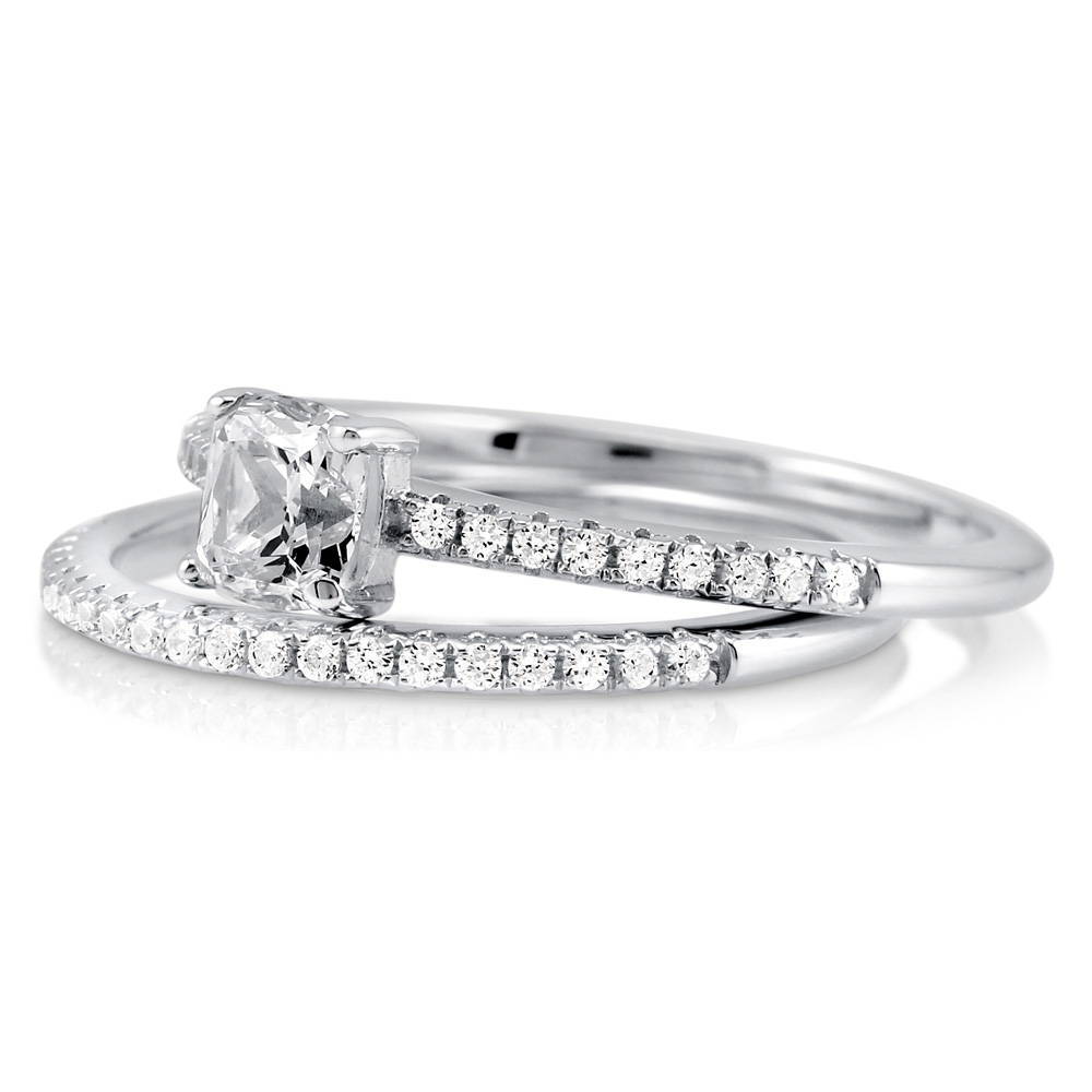 Angle view of Solitaire 0.6ct Cushion CZ Ring Set in Sterling Silver, 5 of 11