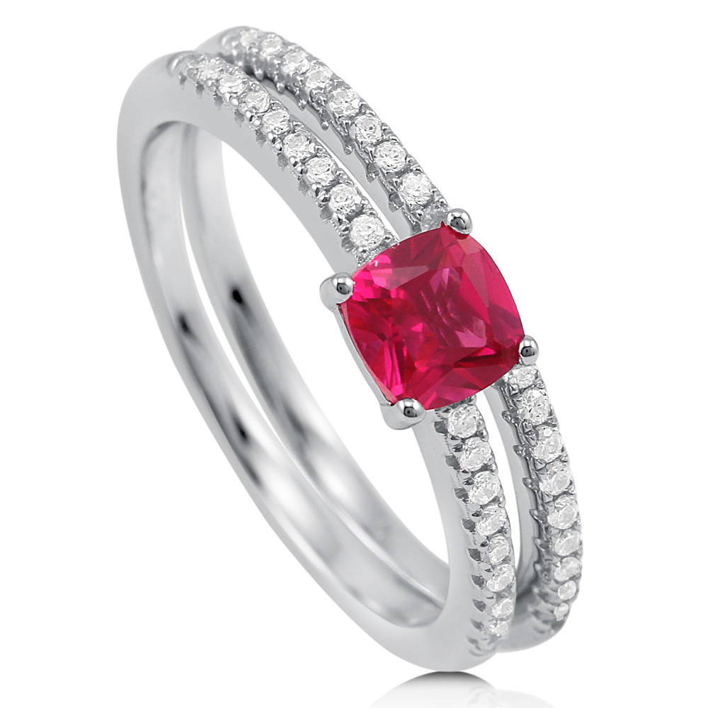 Front view of Solitaire 0.6ct Red Cushion CZ Ring Set in Sterling Silver