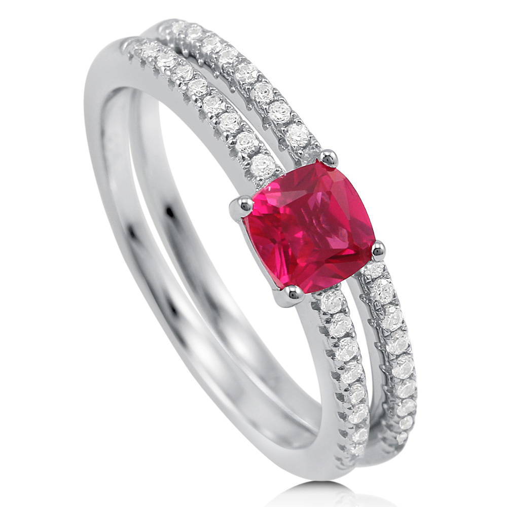 Front view of Solitaire 0.6ct Red Cushion CZ Ring Set in Sterling Silver, 2 of 6