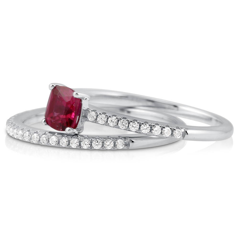 Angle view of Solitaire 0.6ct Red Cushion CZ Ring Set in Sterling Silver, 3 of 6