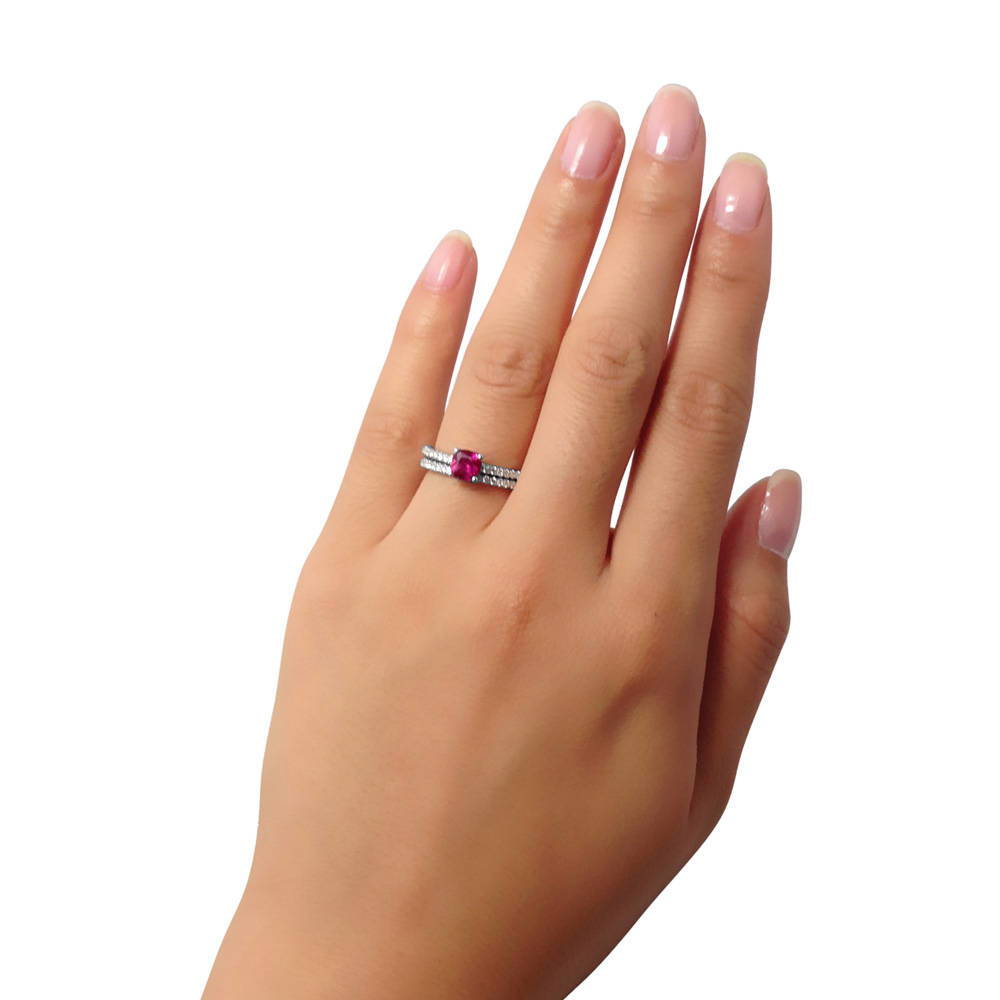 Solitaire 0.6ct Red Cushion CZ Ring Set in Sterling Silver, 5 of 6