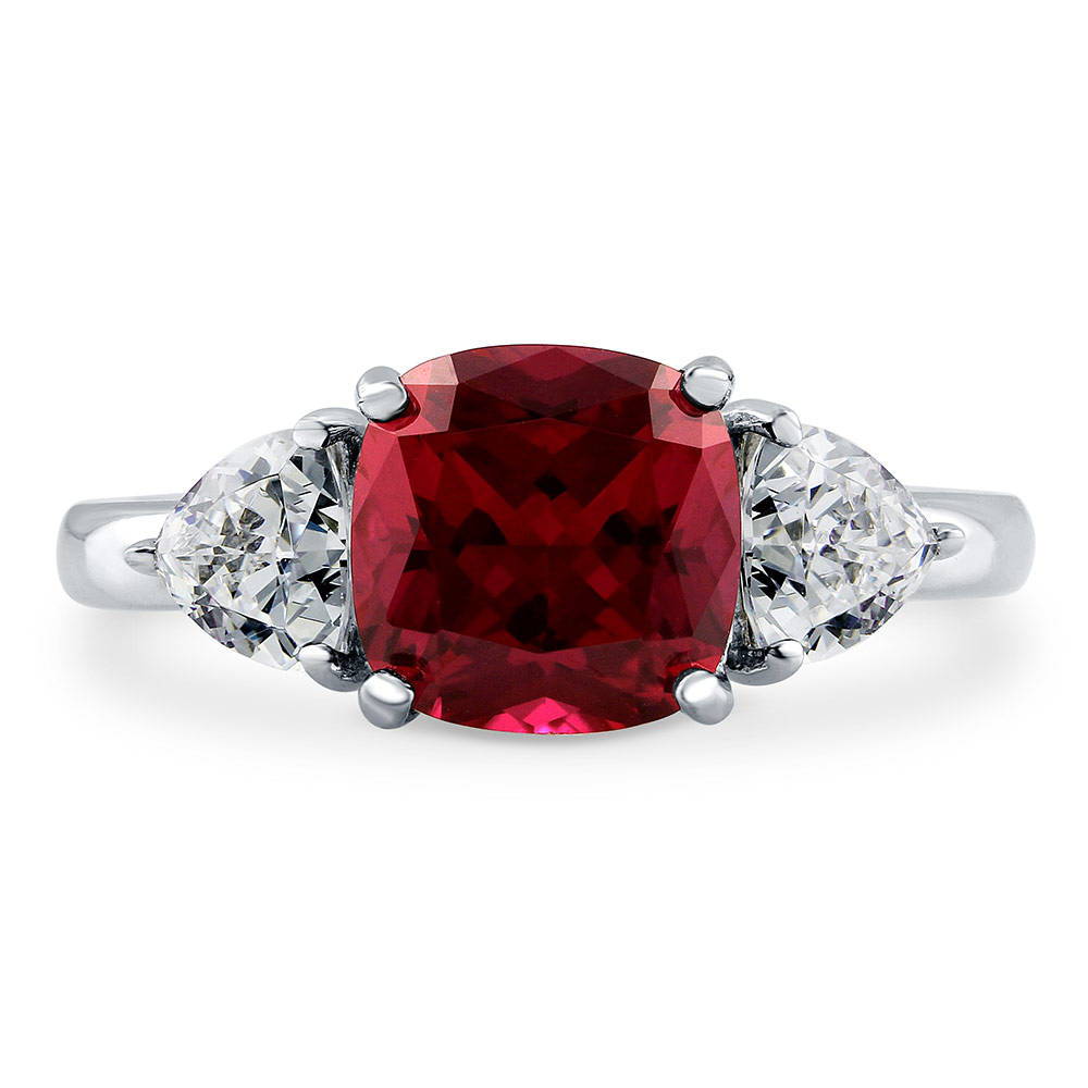 3-Stone 3ct Ruby-Red Cushion CZ Ring in Sterling Silver, 1 of 10