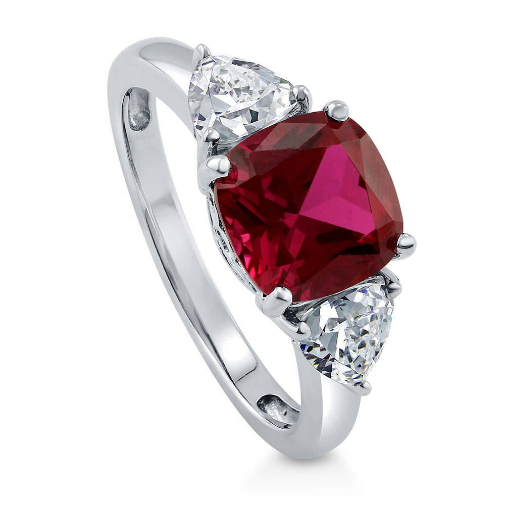 3-Stone 3ct Ruby-Red Cushion CZ Ring in Sterling Silver