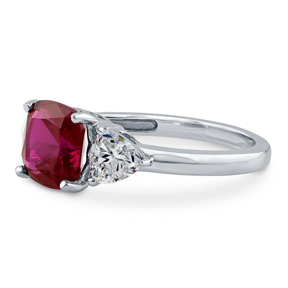Angle view of 3-Stone 3ct Ruby-Red Cushion CZ Ring in Sterling Silver, 5 of 10