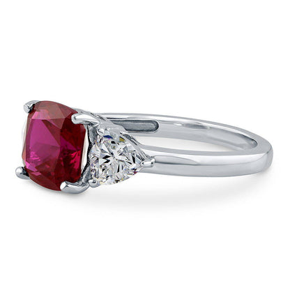 3-Stone 3ct Ruby-Red Cushion CZ Ring in Sterling Silver