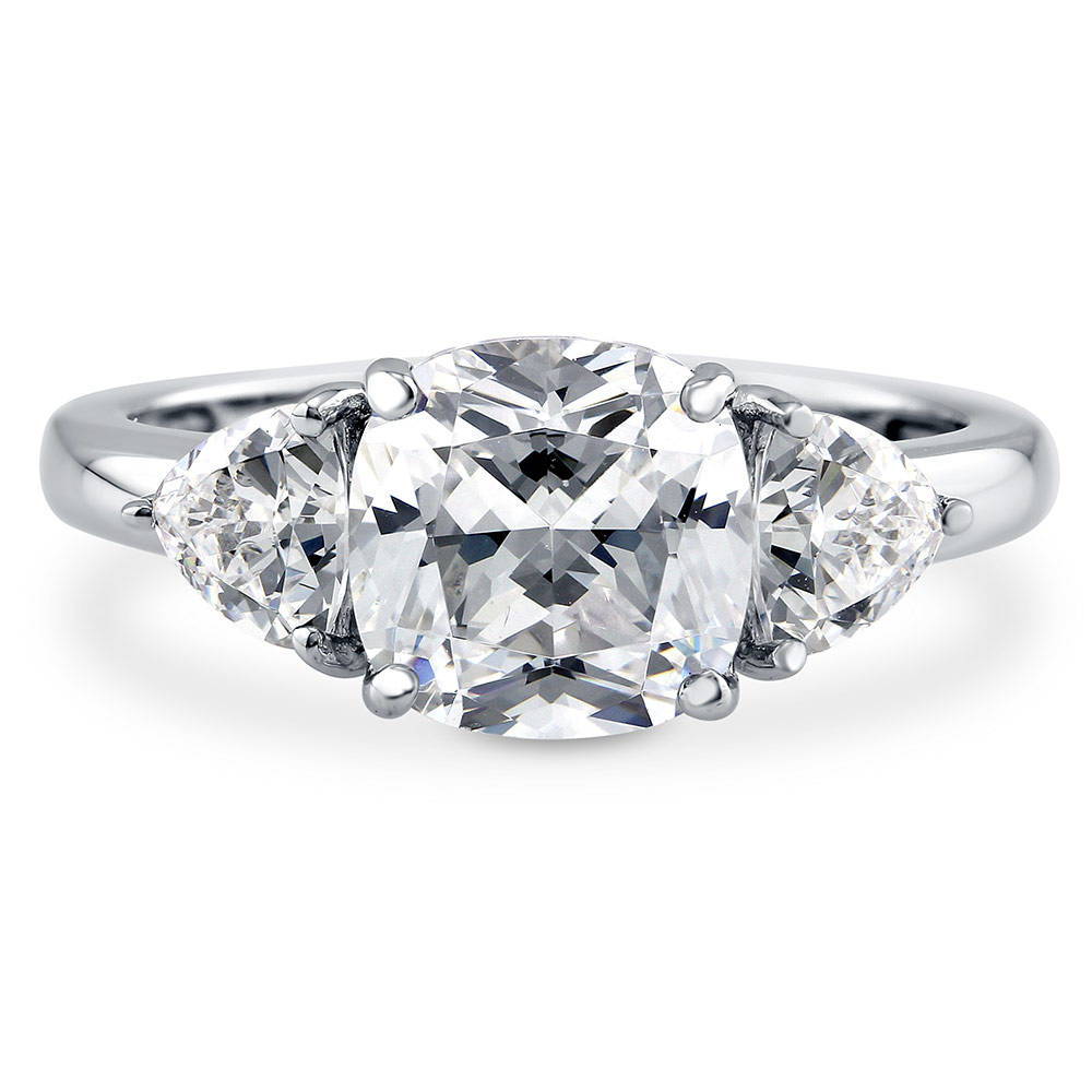 3-Stone 3ct Cushion CZ Ring in Sterling Silver, 1 of 10