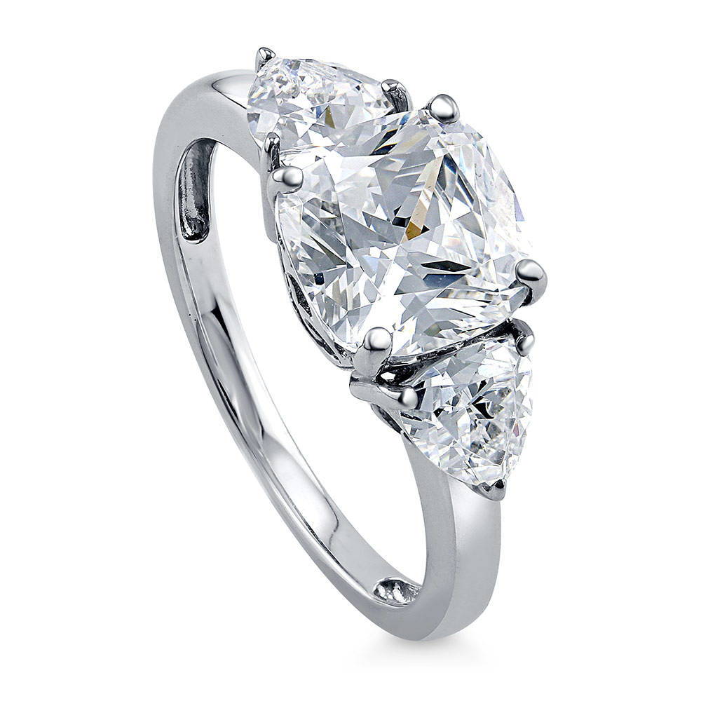 Front view of 3-Stone 3ct Cushion CZ Ring in Sterling Silver, 4 of 10