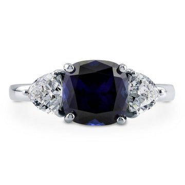 3-Stone Simulated Blue Sapphire Cushion CZ Ring in Sterling Silver