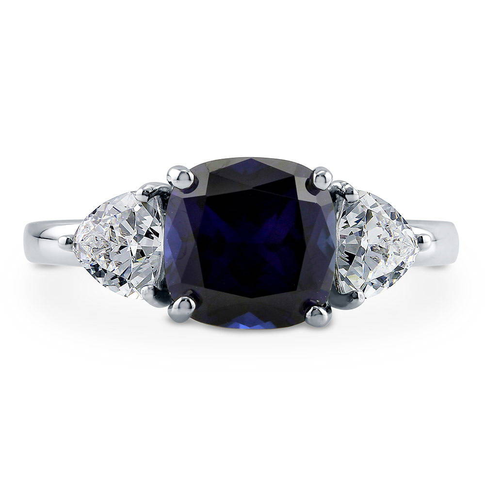 3-Stone Simulated Blue Sapphire Cushion CZ Ring in Sterling Silver, 1 of 12
