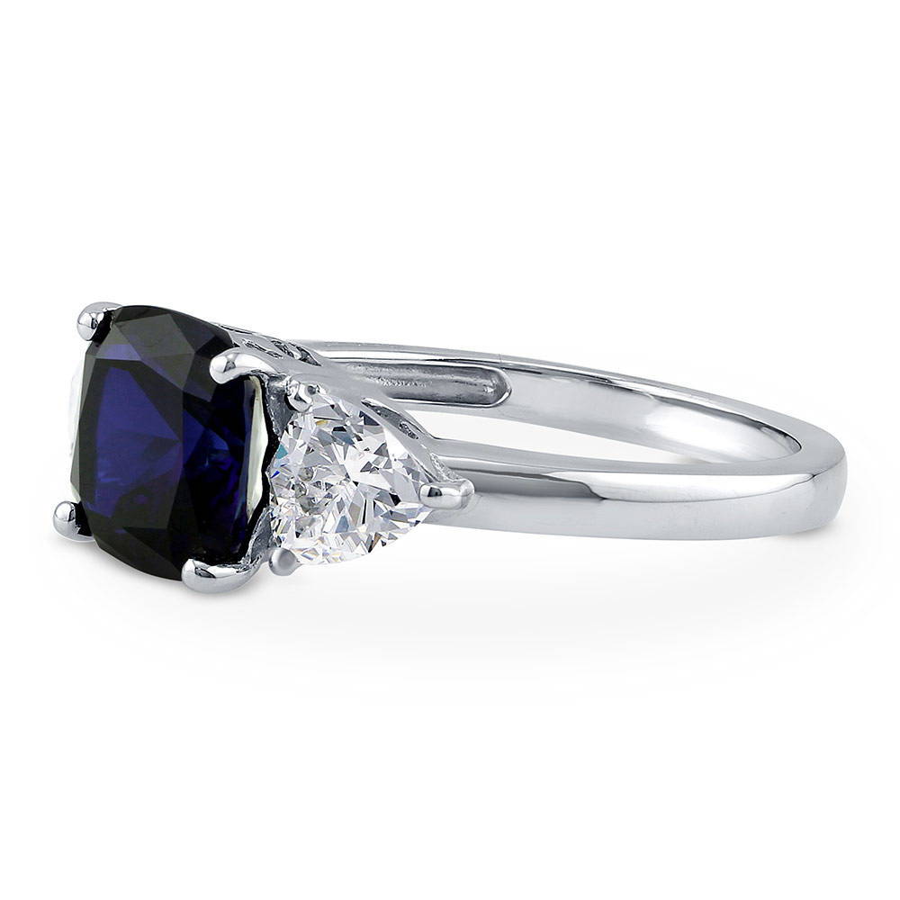 Angle view of 3-Stone 3ct Sapphire-Blue Cushion CZ Ring in Sterling Silver, 5 of 12