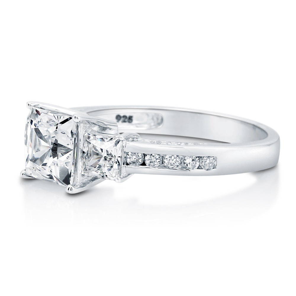 Front view of 3-Stone Princess CZ Ring in Sterling Silver, 4 of 17