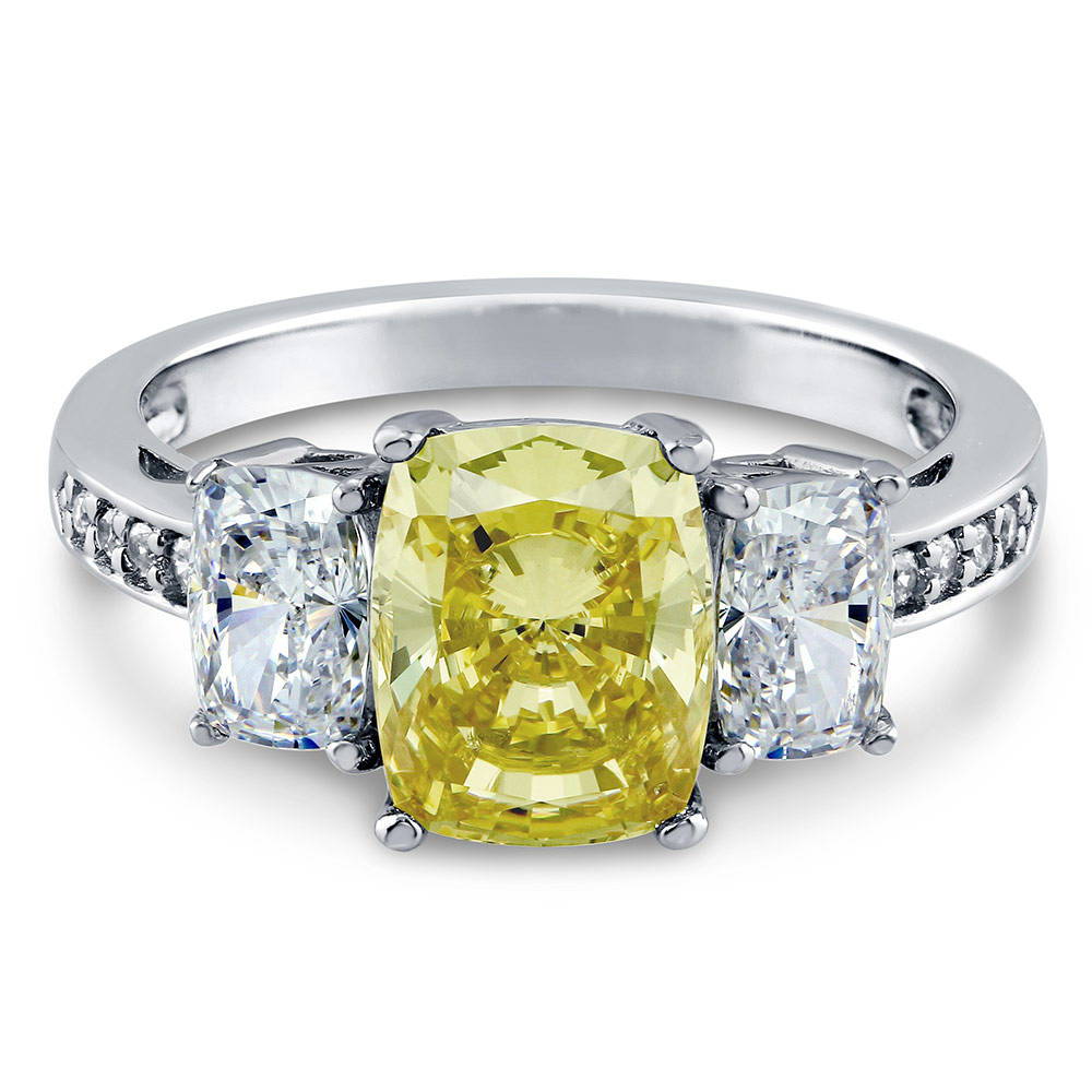 3-Stone Canary Yellow Cushion CZ Ring in Sterling Silver