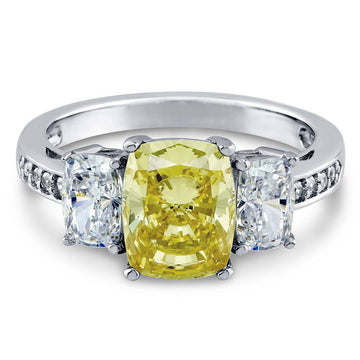 3-Stone Canary Yellow Cushion CZ Ring in Sterling Silver