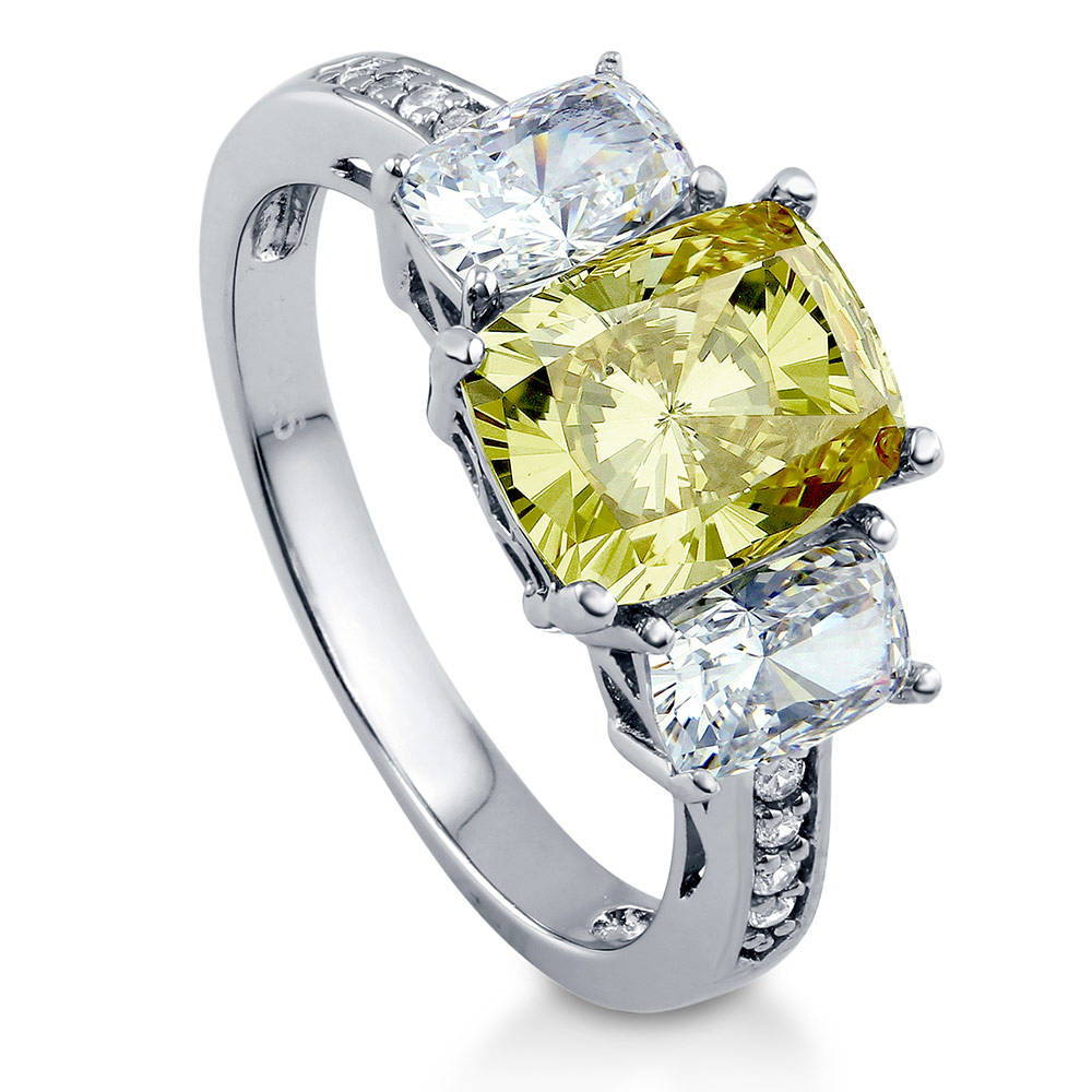Front view of 3-Stone Canary Yellow Cushion CZ Ring in Sterling Silver, 3 of 6