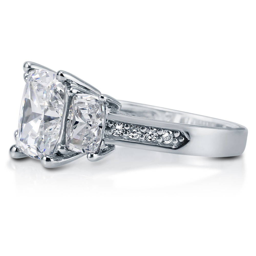 Angle view of 3-Stone 2.6ct Cushion CZ Ring in Sterling Silver, 5 of 11