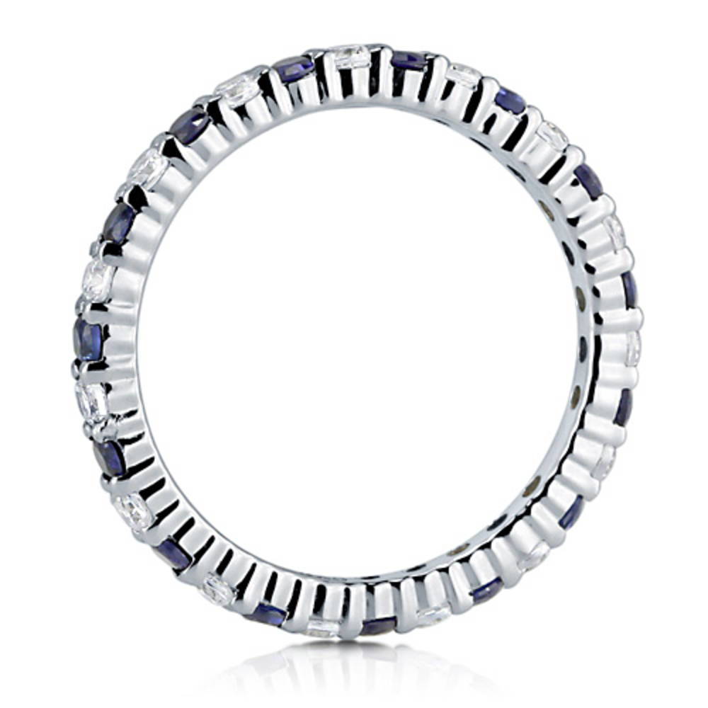 Simulated Blue Sapphire Pave Set CZ Eternity Ring in Sterling Silver