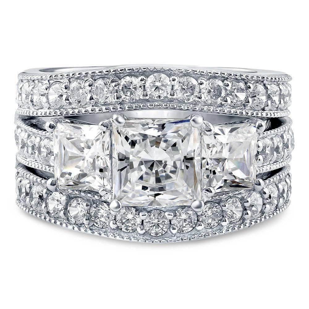 3-Stone Princess CZ Ring Set in Sterling Silver, 1 of 13