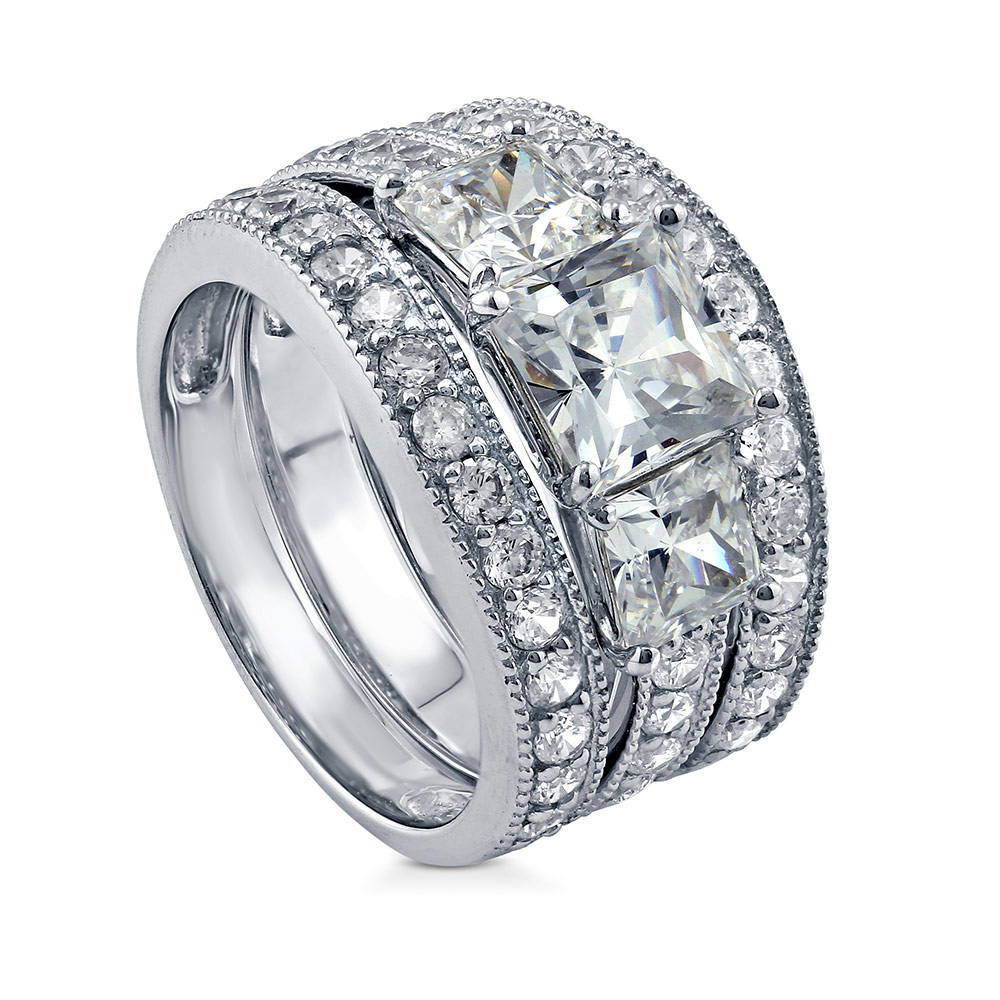 Front view of 3-Stone 1.6ct Princess CZ Ring Set in Sterling Silver, 4 of 13