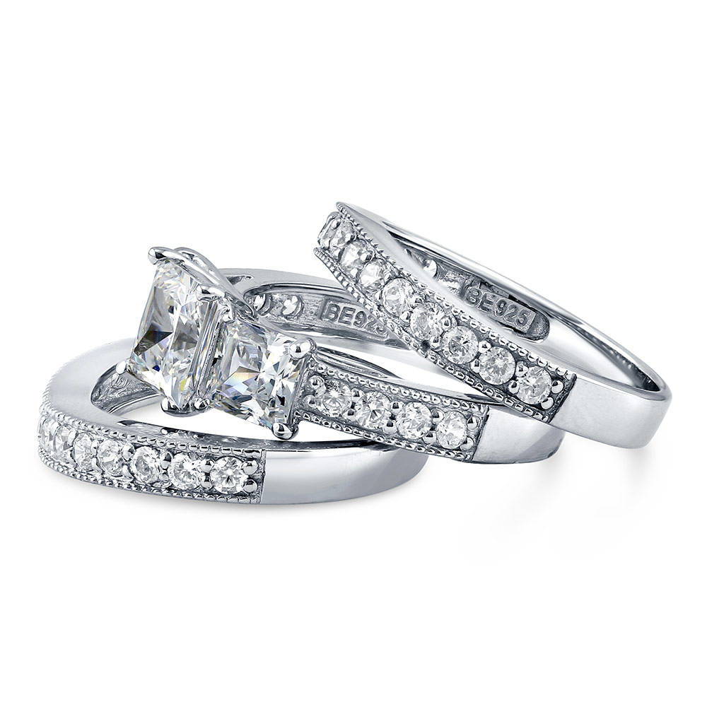 Angle view of 3-Stone Princess CZ Ring Set in Sterling Silver, 4 of 12