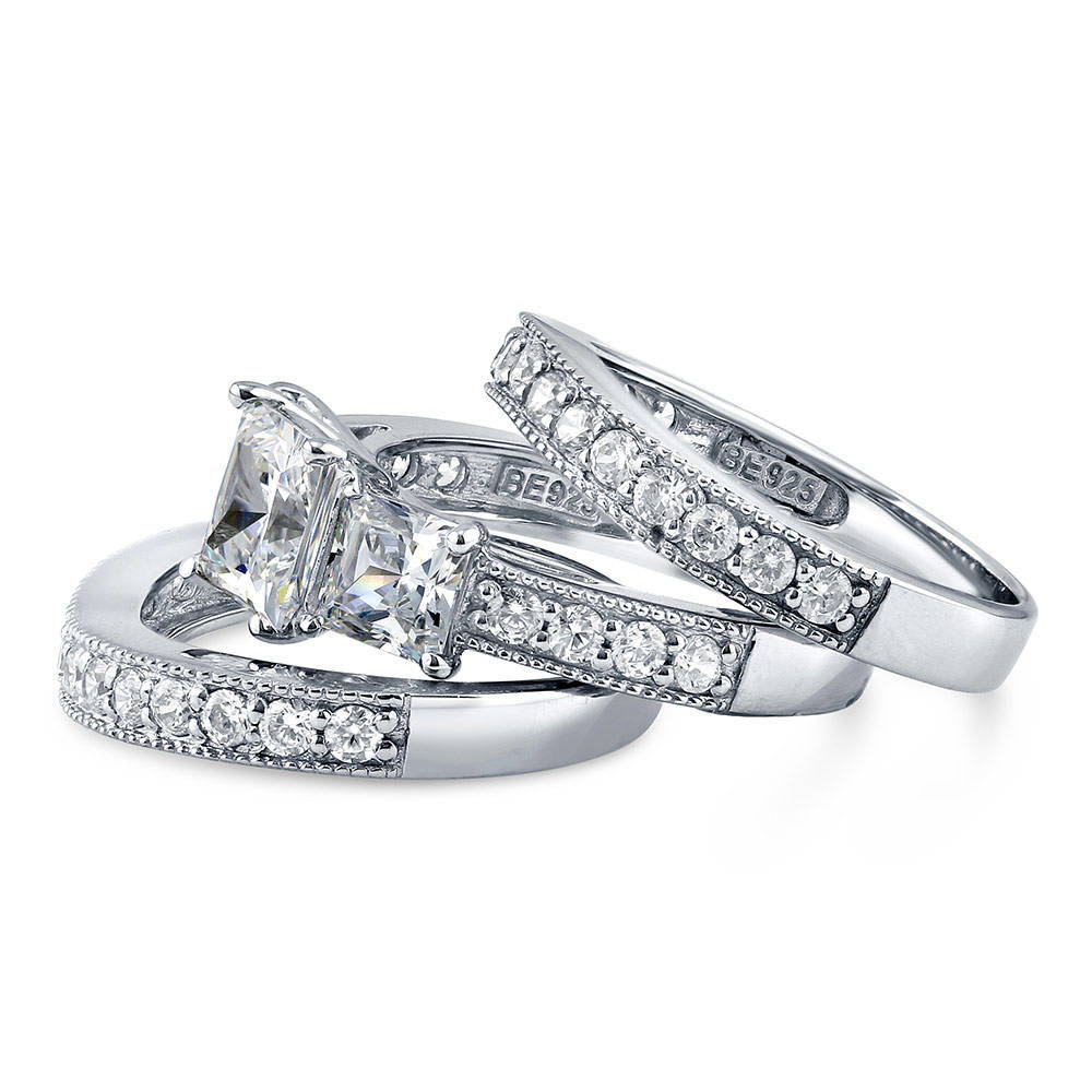 Angle view of 3-Stone 1.6ct Princess CZ Ring Set in Sterling Silver, 5 of 13