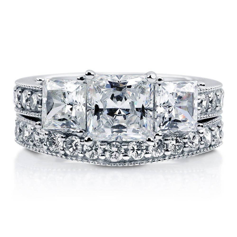 3-Stone Princess CZ Ring Set in Sterling Silver, 1 of 14