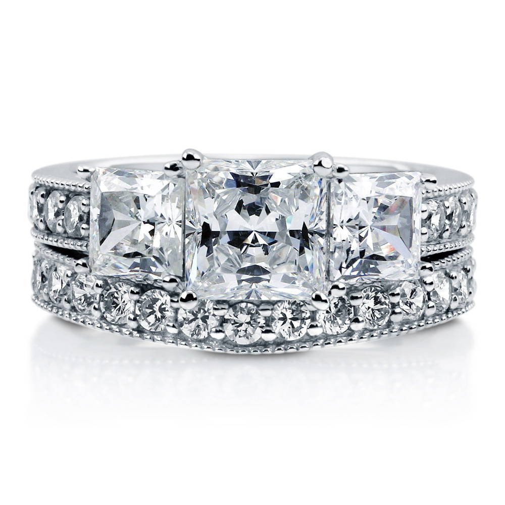 3-Stone 1.6ct Princess CZ Ring Set in Sterling Silver, 1 of 14
