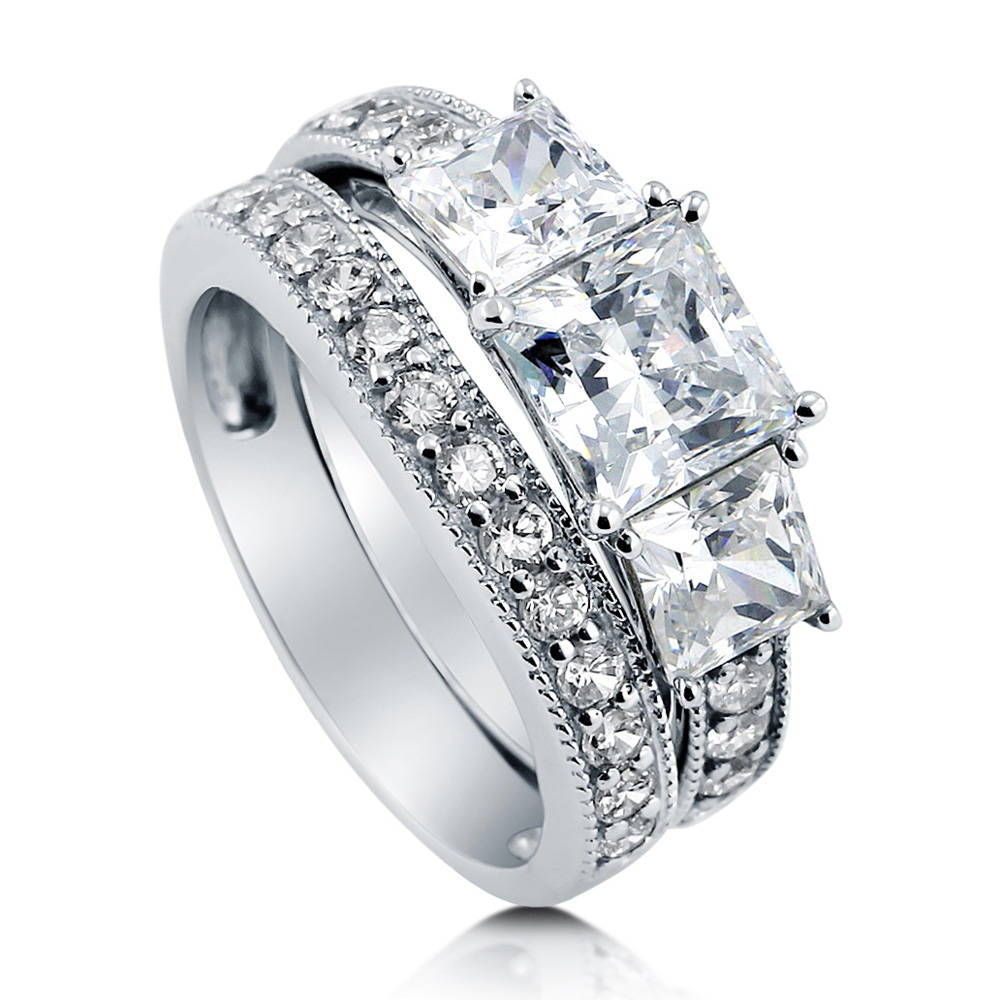 Front view of 3-Stone Princess CZ Ring Set in Sterling Silver, 3 of 13
