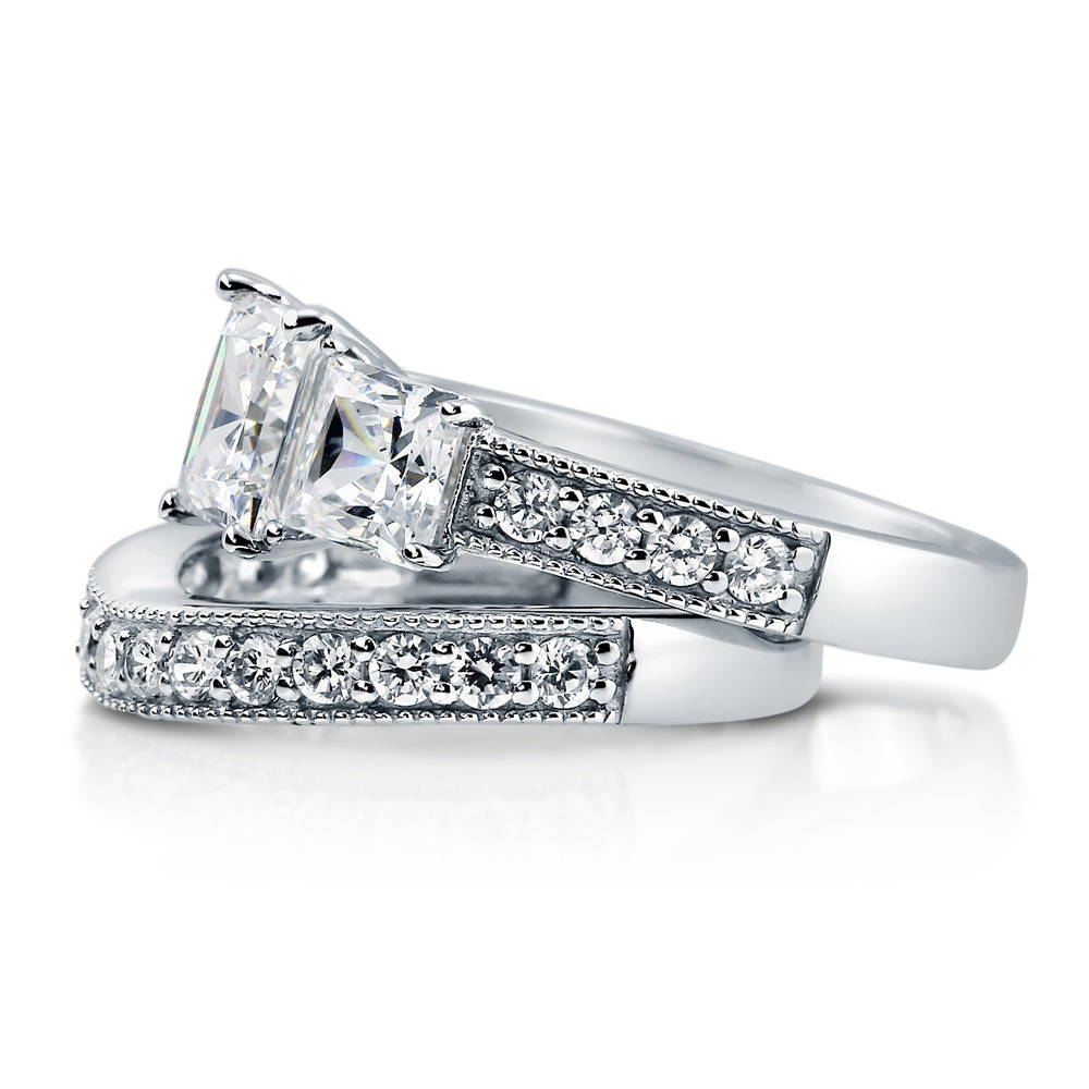 Angle view of 3-Stone Princess CZ Ring Set in Sterling Silver, 4 of 13