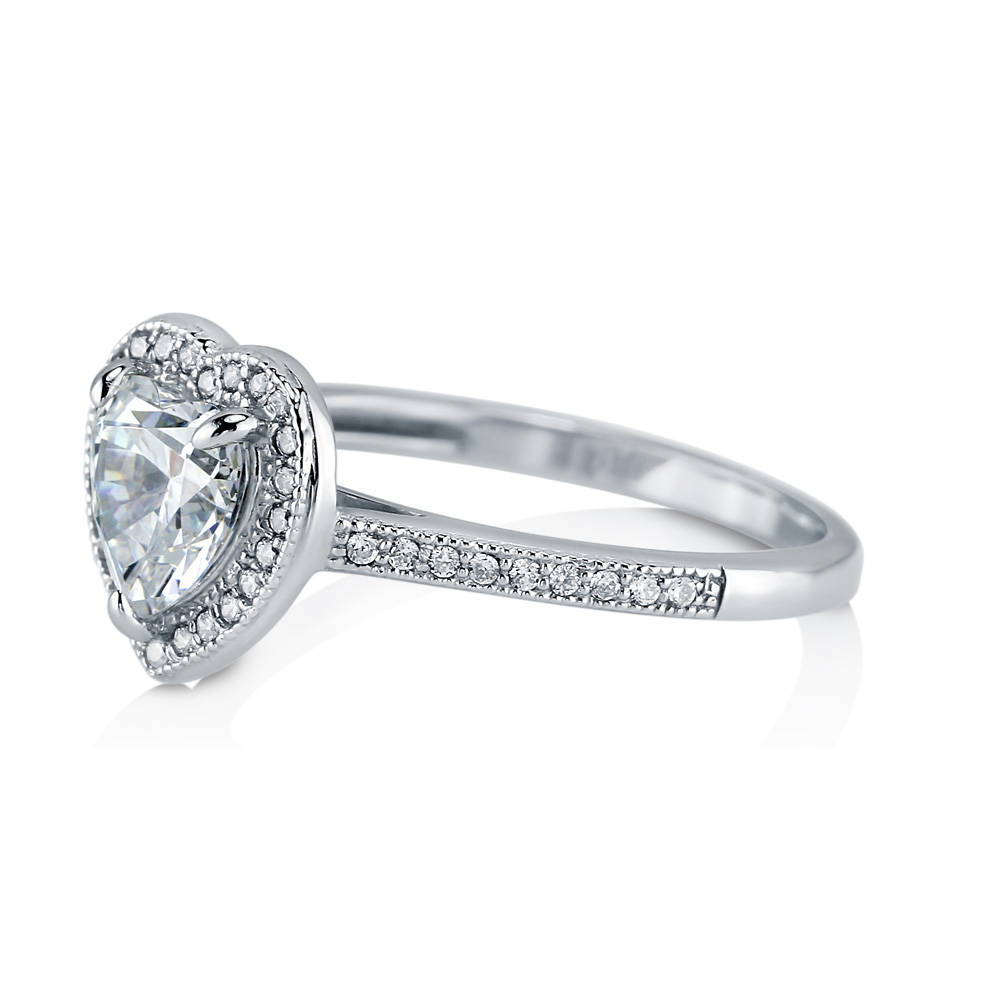 Angle view of Halo Heart CZ Ring in Sterling Silver, 5 of 7