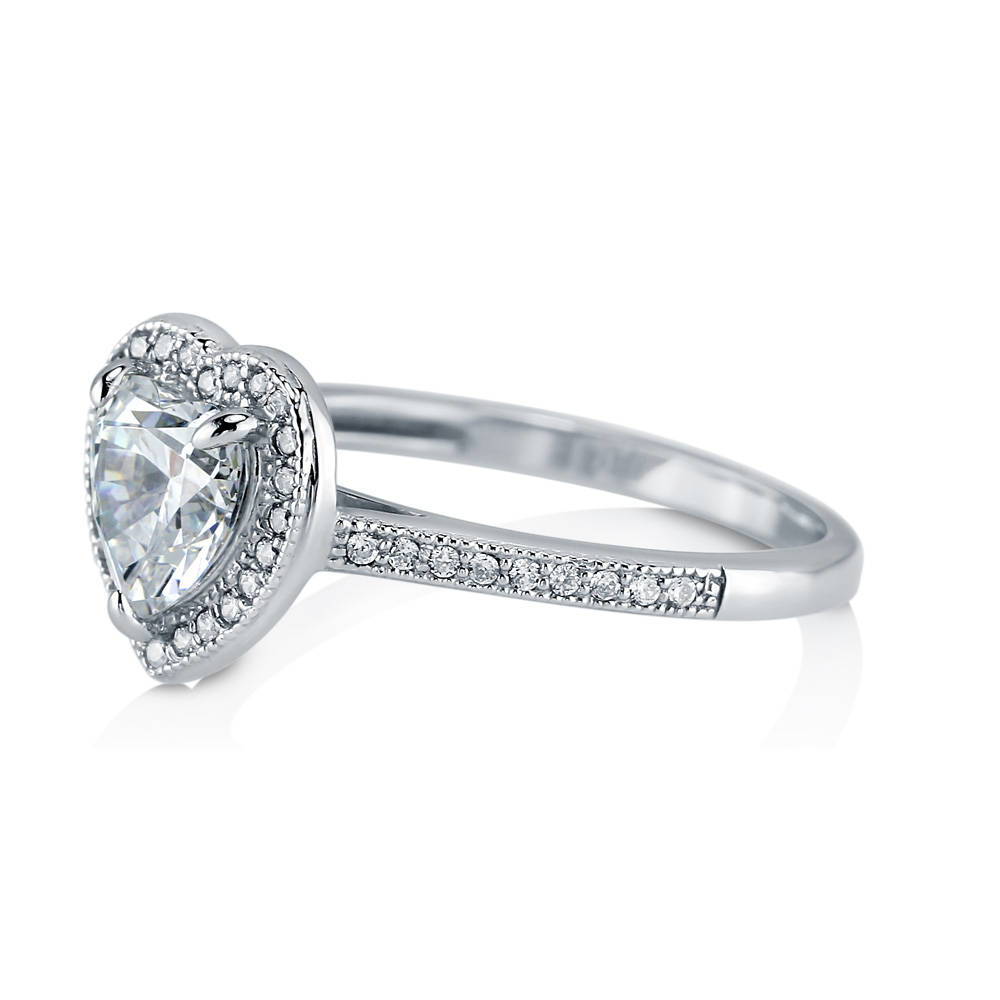 Angle view of Halo Heart Heart CZ Ring in Sterling Silver, 5 of 7