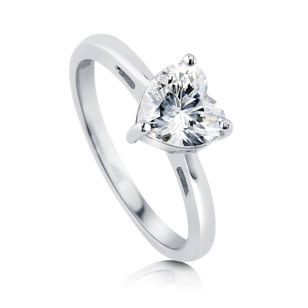 Front view of Solitaire Heart 1.1ct CZ Ring in Sterling Silver, 4 of 7